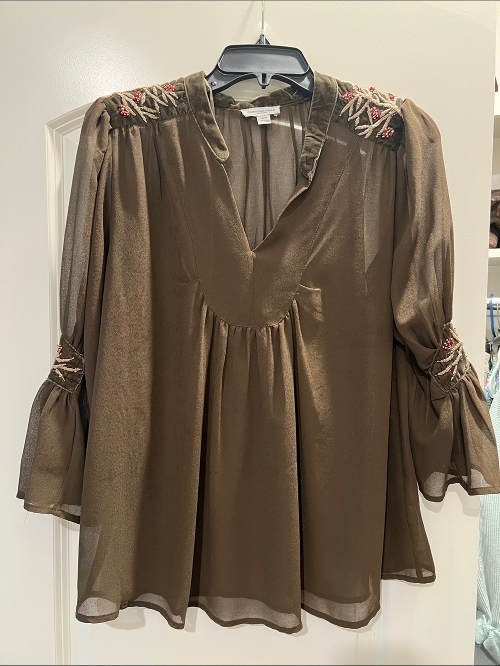 Carolina Belle Olive Brown Embroidered V-Neck Peasant Blouse